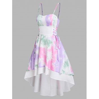 Tie Dye Print High Low Dress Lace-up Croset Style A Line Dress Adjustable Spaghetti Strap Midi Dress, Multicolor
Tie Dye Print High Low Dress Lace-up Croset Style A Line Dress Adjustable Spaghetti Strap Midi Dress, Multicolor