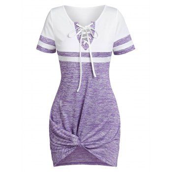 Colorblock Space Dye Print Mini Dress Lace Up Front Twist Tee Dress Short Sleeve Asymmetric Dress, Light purple
Colorblock Space Dye Print Mini Dress Lace Up Front Twist Tee Dress Short Sleeve Asymmetric Dress, Light purple