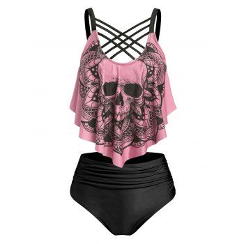 Tummy Control Tankini Swimwear Gothic Swimsuit Skull Flower Print Crisscross Summer Beach Bathing Suit, Light pink
Tummy Control Tankini Swimwear Gothic Swimsuit Skull Flower Print Crisscross Summer Beach Bathing Suit, Light pink