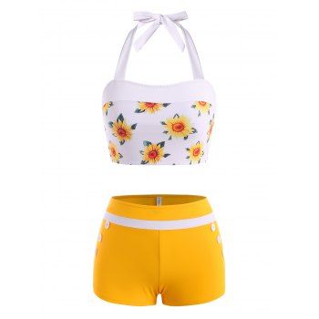 Vacation Tankini Swimwear Bright Color Striped Sunflower Print Swimsuit Mock Button Boyshorts Halter Beach Bathing Suit, Yellow
Vacation Tankini Swimwear Bright Color Striped Sunflower Print Swimsuit Mock Button Boyshorts Halter Beach Bathing Suit, Yellow