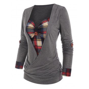 Heathered Contrast Colorblock Plaid Insert Roll Up Sleeve Corset Style Surplice T Shirt, Gray
Heathered Contrast Colorblock Plaid Insert Roll Up Sleeve Corset Style Surplice T Shirt, Gray