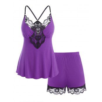 

Scalloped Edge Lace Panel Bustier Plus Size Sleep Cami Set, Purple