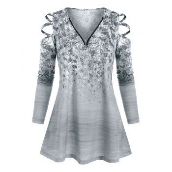 Plus Size Zippered V Neck Floral Ladder Cutout Cold Shoulder Top, Gray
Plus Size Zippered V Neck Floral Ladder Cutout Cold Shoulder Top, Gray