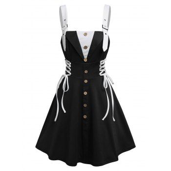 Contrast Corset Style A Line Mini Sundress Buckle Strap Mock Button Lace-up Twofer Dress, Black
Contrast Corset Style A Line Mini Sundress Buckle Strap Mock Button Lace-up Twofer Dress, Black