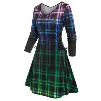 Plaid Ombre Pattern Side Lace Up Dress, Black 
Plaid Ombre Pattern Side Lace Up Dress, Black