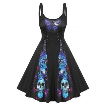 Butterfly Skull Panel Print Corset Waist Flare Dress, Black
Butterfly Skull Panel Print Corset Waist Flare Dress, Black