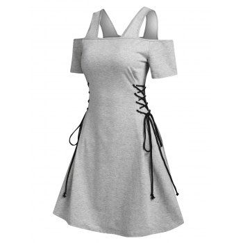 Lace Up Mini Dress Cold Shouler Casual A Line Dress Heathered Short Sleeve Casual Dress, Light gray
Lace Up Mini Dress Cold Shouler Casual A Line Dress Heathered Short Sleeve Casual Dress, Light gray