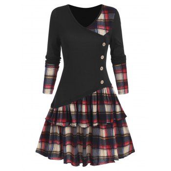 Plaid Colorblock A Line Mini Dress Asymmetric Surplice Layered Long Sleeve Button Jersey Dress, Black
Plaid Colorblock A Line Mini Dress Asymmetric Surplice Layered Long Sleeve Button Jersey Dress, Black