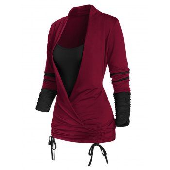 Cinched Contrast Colorblock Striped Long Sleeves Surplice Faux Twinset T-shirt, Red
Cinched Contrast Colorblock Striped Long Sleeves Surplice Faux Twinset T-shirt, Red