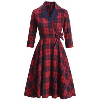 Plaid Print Vintage Dress Bowknot Surplice Dress Contrast Lapel Three Quarter Sleeve A Line Dress, Red
Plaid Print Vintage Dress Bowknot Surplice Dress Contrast Lapel Three Quarter Sleeve A Line Dress, Red