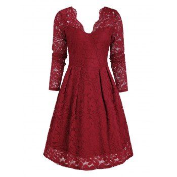 

V Neck Scalloped Lace Fit and Flare Dress, Deep red