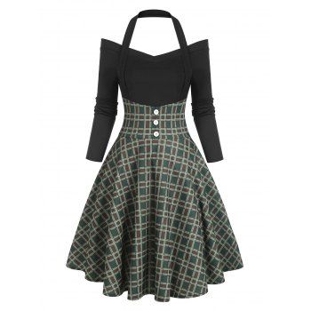 Plaid Print A Line Dress Off The Shoulder Halter Dress Mock Button Long Sleeve Dress, Green
Plaid Print A Line Dress Off The Shoulder Halter Dress Mock Button Long Sleeve Dress, Green