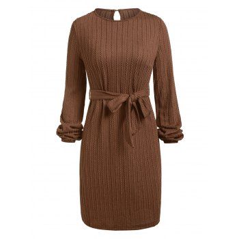 Cable Knit Mini Dress Pure Color Belted Sweater Dress Keyhole Back Long Sleeve Shift Dress, Coffee
Cable Knit Mini Dress Pure Color Belted Sweater Dress Keyhole Back Long Sleeve Shift Dress, Coffee