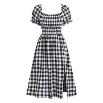 Vintage Dress Gingham Plaid Print Puff Sleeve Midi Dress Shirred Waist Slit Square Neck Dress, Black
Vintage Dress Gingham Plaid Print Puff Sleeve Midi Dress Shirred Waist Slit Square Neck Dress, Black