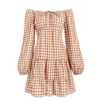 Plaid Print Mini Dress Off The Shoulder Lantern Sleeve Tiered A Line Dress, Light orange
Plaid Print Mini Dress Off The Shoulder Lantern Sleeve Tiered A Line Dress, Light orange