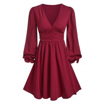 Plunge Neck Puff Sleeve Ruched Dress, Deep red 
Plunge Neck Puff Sleeve Ruched Dress, Deep red