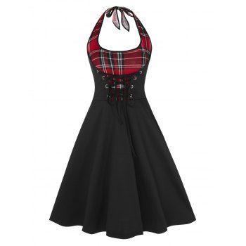Plaid Print Pin Up Dress Grommet Lace Up Halter Bowknot Backless A Line Dress, Black
Plaid Print Pin Up Dress Grommet Lace Up Halter Bowknot Backless A Line Dress, Black