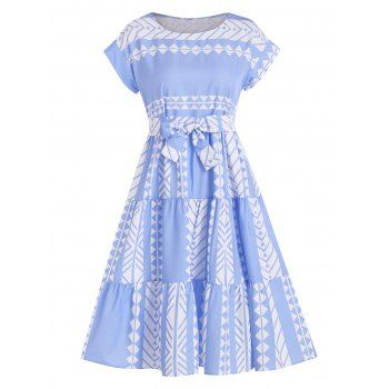 Contrast Geometric Print A Line Dress Flounce Hem Tiered Belted Cap Sleeve Casual Dress, Light blue
Contrast Geometric Print A Line Dress Flounce Hem Tiered Belted Cap Sleeve Casual Dress, Light blue