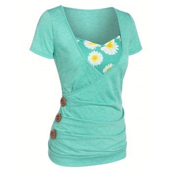 Heathered Daisy Floral Print Surplice Sweetheart Neck Mock Button T Shirt, Light green
Heathered Daisy Floral Print Surplice Sweetheart Neck Mock Button T Shirt, Light green