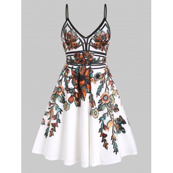 

Plus Size & Curve Sundress Flower Midi Dress Leaf Print Vacation A Line Slip Dress, White