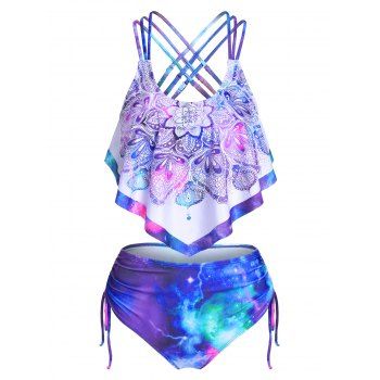 Bohemian Flower Galaxy Vacay Swimwear Crisscross Flounce Cinched High Rise Tankini Swimsuit, Blue
Bohemian Flower Galaxy Vacay Swimwear Crisscross Flounce Cinched High Rise Tankini Swimsuit, Blue