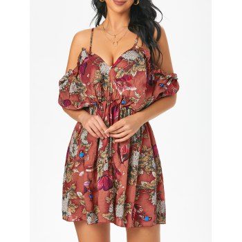 Floral Butterfly Print Vacation Dress Cold Shoulder Ruffled Mini Dress Plunging Neck Spaghetti Strap Dress, Deep red
Floral Butterfly Print Vacation Dress Cold Shoulder Ruffled Mini Dress Plunging Neck Spaghetti Strap Dress, Deep red