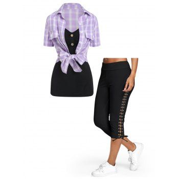 Plaid Twinset Blouse and Lace Up Capri Leggings Outfit, Multicolor
Plaid Twinset Blouse and Lace Up Capri Leggings Outfit, Multicolor