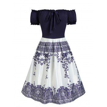 Vintage Dress Flower Leaf Print Off The Shoulder Mini Dress Ruffles Knot Puff Sleeve A Line Combo Dress, Blue
Vintage Dress Flower Leaf Print Off The Shoulder Mini Dress Ruffles Knot Puff Sleeve A Line Combo Dress, Blue