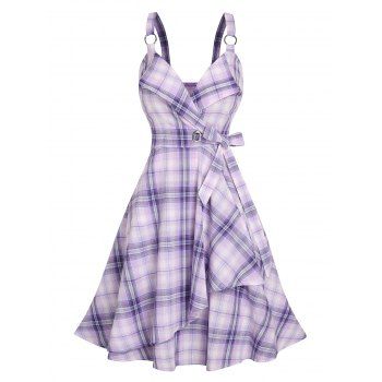 Plaid Print Mini Dress Bowknot Overlap Surplice Dress Sleeveless O Ring A Line Dress, Light purple
Plaid Print Mini Dress Bowknot Overlap Surplice Dress Sleeveless O Ring A Line Dress, Light purple