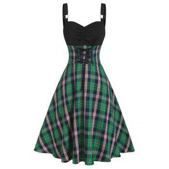 Vintage Plaid Print Mini Dress Lace Up Ruched A Line Dress O Ring Backless Combo Dress, Green
Vintage Plaid Print Mini Dress Lace Up Ruched A Line Dress O Ring Backless Combo Dress, Green