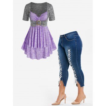 Plus Size Space Dye Skirted T-shirt and Lace Up Capri Jeans Outfit, Multicolor
Plus Size Space Dye Skirted T-shirt and Lace Up Capri Jeans Outfit, Multicolor