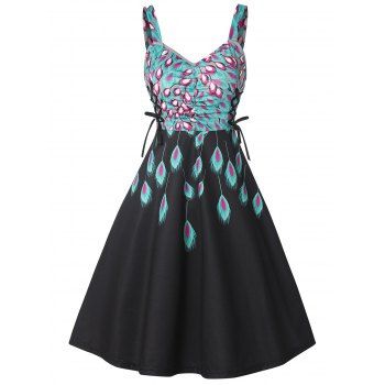 Peacock Feather Print A Line Dress Lace Up Ruched Bust Sleeveless Midi Dress, Black
Peacock Feather Print A Line Dress Lace Up Ruched Bust Sleeveless Midi Dress, Black