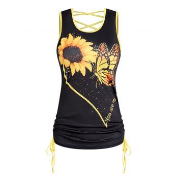 Contrast Trim Sunflower Butterfly Slogan Print Crisscross Cinched Vacation Tank Top, Black
Contrast Trim Sunflower Butterfly Slogan Print Crisscross Cinched Vacation Tank Top, Black