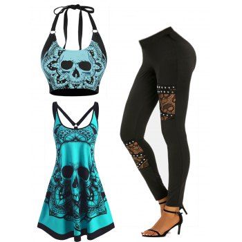 Gothic Skull Print Tank Dress and Halter Swim Top and Lace Panel Leggings Outfit, Multicolor
Gothic Skull Print Tank Dress and Halter Swim Top and Lace Panel Leggings Outfit, Multicolor