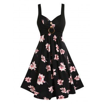 Flower Print Vacation Dress O Ring Mock Button Ruched A Line Dress High Waist Casual Dress, Black
Flower Print Vacation Dress O Ring Mock Button Ruched A Line Dress High Waist Casual Dress, Black