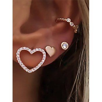 

4 Pcs Rhinestone Heart Circle C-shaped Golden Stud Earrings Set