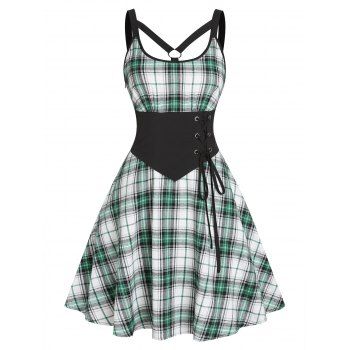 Corset Style Plaid A Line Dress Lace Up O Ring Straps Casual Knee Length Dress, Green
Corset Style Plaid A Line Dress Lace Up O Ring Straps Casual Knee Length Dress, Green