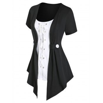 Lace Up Asymmetrical Hem Short Sleeves Mock Buttons Faux Two Piece Top, Black
Lace Up Asymmetrical Hem Short Sleeves Mock Buttons Faux Two Piece Top, Black