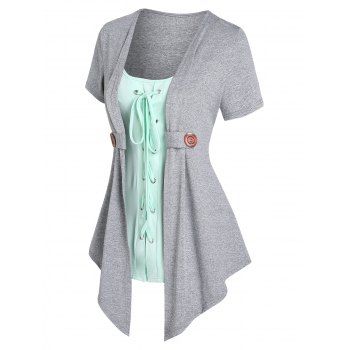 Lace Up Asymmetrical Hem Short Sleeves Mock Buttons Faux Two Piece Top, Light gray
Lace Up Asymmetrical Hem Short Sleeves Mock Buttons Faux Two Piece Top, Light gray