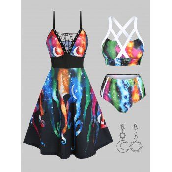 Galaxy Octopus Print Dress Tummy Control Cross Swimsuit And Moon Sun Drop Earrings Outfit, Multicolor
Galaxy Octopus Print Dress Tummy Control Cross Swimsuit And Moon Sun Drop Earrings Outfit, Multicolor