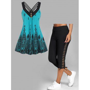 Straps Criss Cross Printed Mock Button Bohemian Tank Top and Plain Color Lace Up Skinny Crop Leggings Casual Summer Outfit, Multicolor
Straps Criss Cross Printed Mock Button Bohemian Tank Top and Plain Color Lace Up Skinny Crop Leggings Casual Summer Outfit, Multicolor