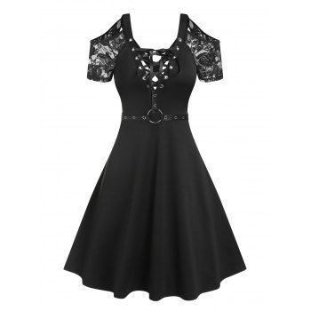 Gothic Dress See Thru Lace Short Sleeve Cold Shoulder Dress Lace Up O Ring Belt Cross Back Mini Dress, Black
Gothic Dress See Thru Lace Short Sleeve Cold Shoulder Dress Lace Up O Ring Belt Cross Back Mini Dress, Black