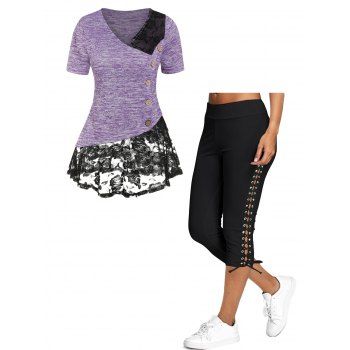 Asymmetrical Space Dye Lace Insert Sheer Contrast Mock Button Skirted T-shirt and Lace Up Skinny Crop Leggings Casual Summer Outfit, Multicolor
Asymmetrical Space Dye Lace Insert Sheer Contrast Mock Button Skirted T-shirt and Lace Up Skinny Crop Leggings Casual Summer Outfit, Multicolor