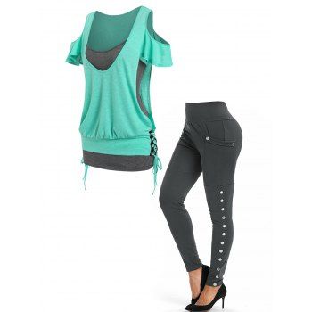 Contrast Colorblock Cold Shoulder Slit Lace Up T Shirt Heathered Cami Top and Plain Color High Waisted Pocket Snap Button Side Leggings Casual Outfit, Multicolor
Contrast Colorblock Cold Shoulder Slit Lace Up T Shirt Heathered Cami Top and Plain Color High Waisted Pocket Snap Button Side Leggings Casual Outfit, Multicolor