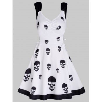 Skull Allover Print Mini Dress Lace Up Contrast Strap Ruched Bust Skater Dress, White
Skull Allover Print Mini Dress Lace Up Contrast Strap Ruched Bust Skater Dress, White