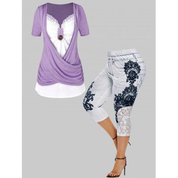 Plus Size Crossover Lace Panel Twofer T Shirt and Flower Print Mesh Faux Denim Capri Jeggings Summer Casual Outfit, Multicolor
Plus Size Crossover Lace Panel Twofer T Shirt and Flower Print Mesh Faux Denim Capri Jeggings Summer Casual Outfit, Multicolor