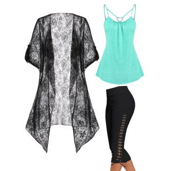 Strappy Heart Ring Cami Top and Sheer Floral Lace Roll up Cuff Kimono and Lace Up Skinny Crop Leggings Summer Casual Outfit, Multicolor
Strappy Heart Ring Cami Top and Sheer Floral Lace Roll up Cuff Kimono and Lace Up Skinny Crop Leggings Summer Casual Outfit, Multicolor