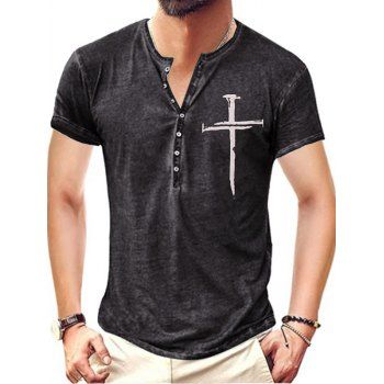 Vintage Half Button T Shirt Cross Print Short Sleeve Heathered Summer Tee, Black
Vintage Half Button T Shirt Cross Print Short Sleeve Heathered Summer Tee, Black