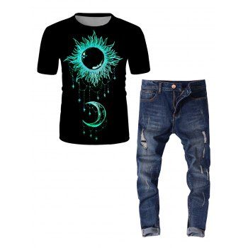 

Moon Sun Printed Short Sleeve T Shirt and Scratches Distressed Straight Ripped Jeans Casual Outfit, Black