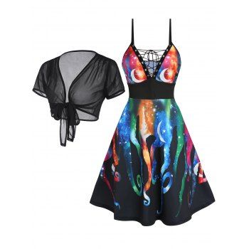 Galaxy Octopus Print Lace Up Plunging Neck High Waist Sundress and Sheer Mesh Open Front Bowknot Crop Cover Up Summer Outfit, Multicolor
Galaxy Octopus Print Lace Up Plunging Neck High Waist Sundress and Sheer Mesh Open Front Bowknot Crop Cover Up Summer Outfit, Multicolor